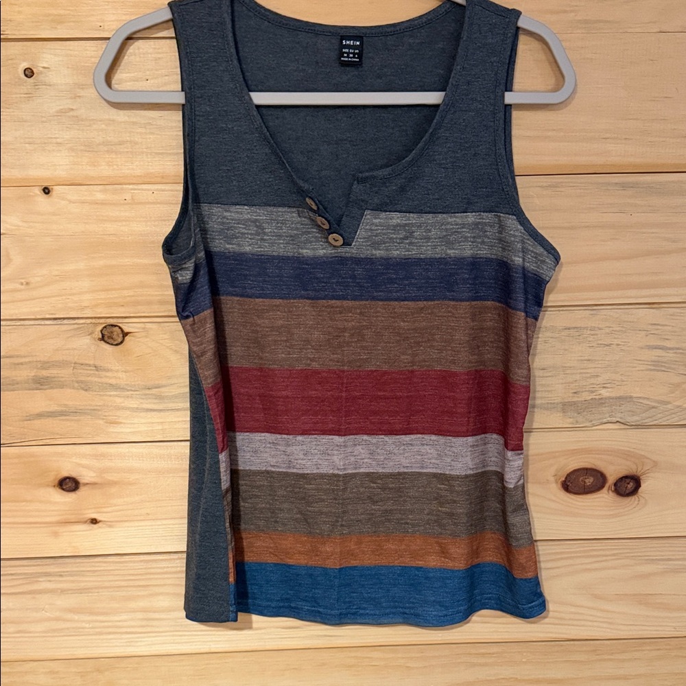 SHEIN Blue Multicolor Striped Tank with Button Accents